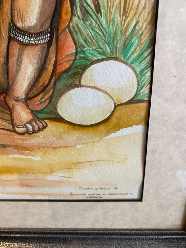 Original watercolour `Bushmen woman on food gathering exhibition`